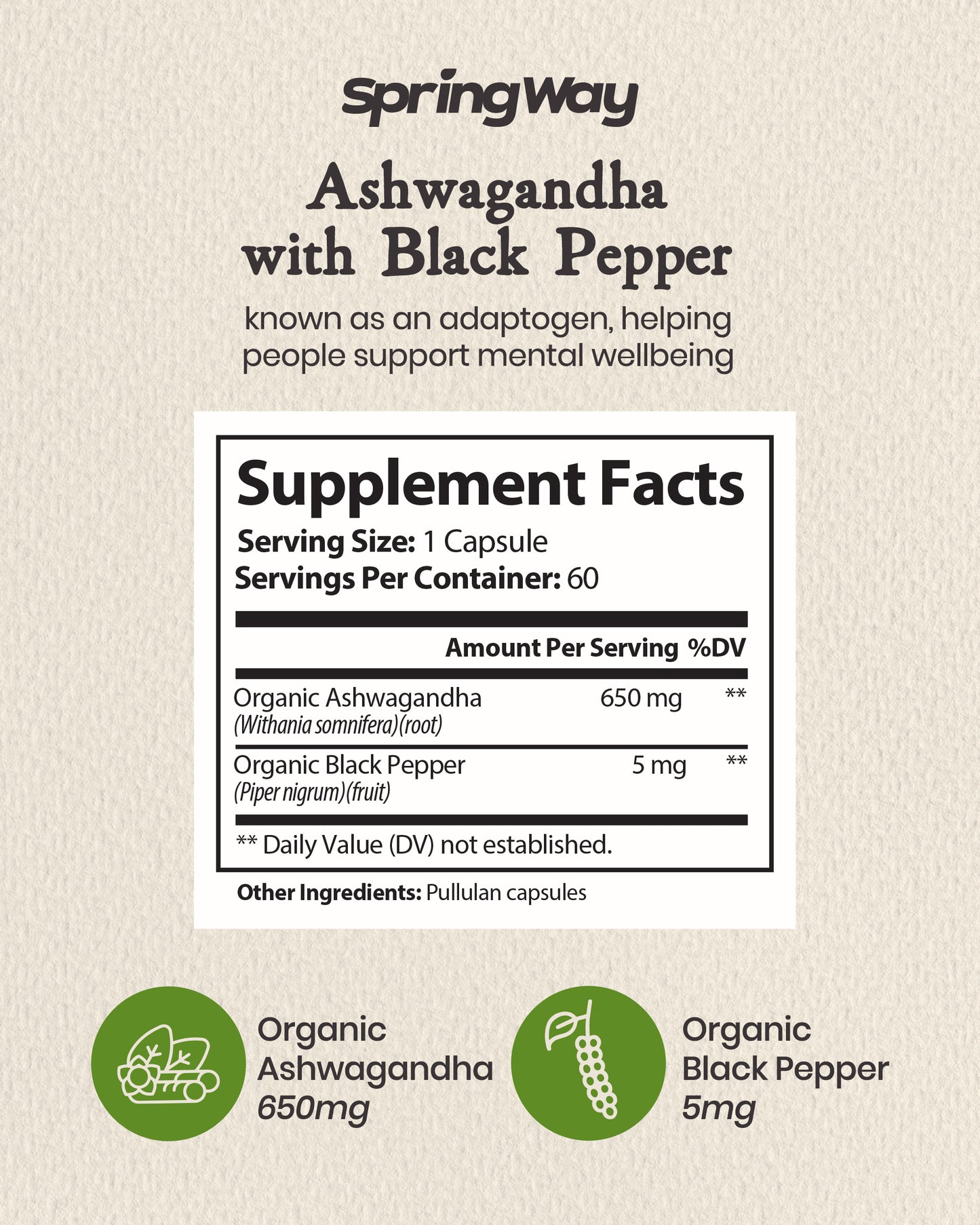 Spring Way Organic Ashwagandha with Black Pepper - 60 Capsules