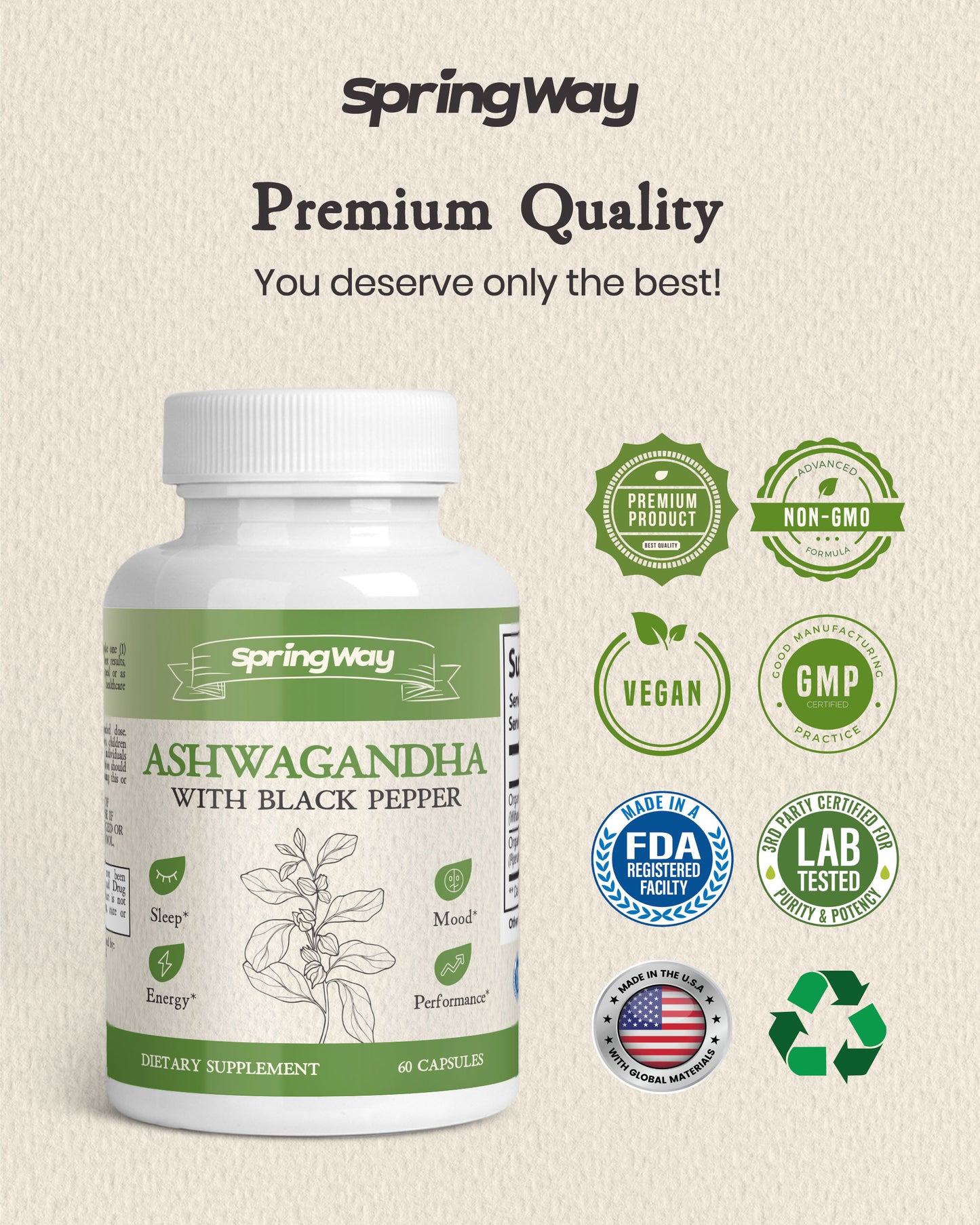 Spring Way Organic Ashwagandha with Black Pepper - 60 Capsules